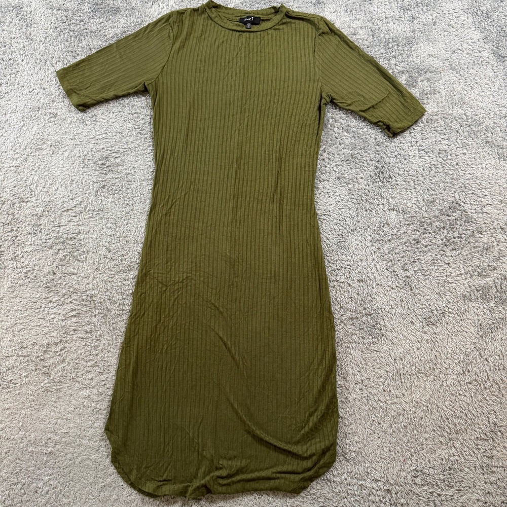 Love J Ribbed Knit Midi Dress Medium Olive Green Womens 3/4 Sleeve Crew Neck